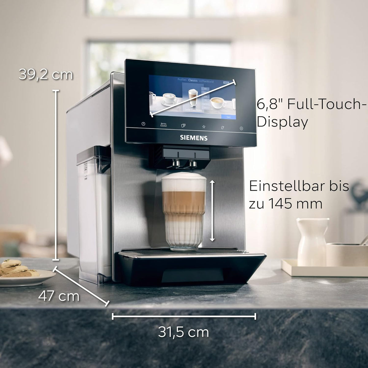 Siemens Kaffeevollautomat EQ900 TQ903D03, App-Steuerung, intuitives Full-Touch-Display, Barista-Modus, AromaBoost, Geräuschreduzierung, Premiummahlwerk, automatische Dampfreinigung, 1500 W, edelstahl