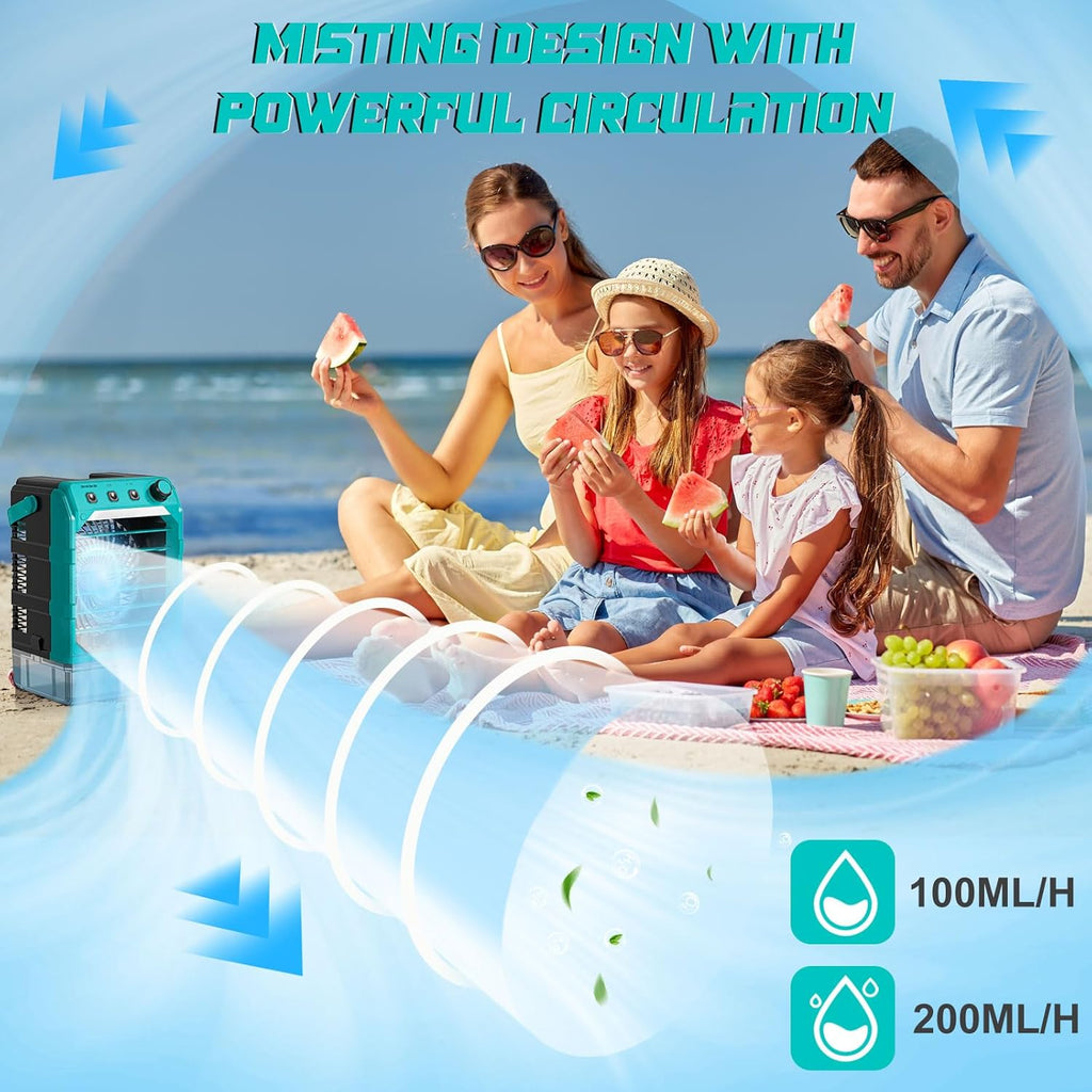Ventilator mit Wasserkühlung Kompatibel für Makita 18V Akku und USB-betrieben，Luftkühler mobil mit Wasserkühlung,Ventilator mit Luftbefeuchter für Terrasse, Garage Urlaub Sport Büro Garten