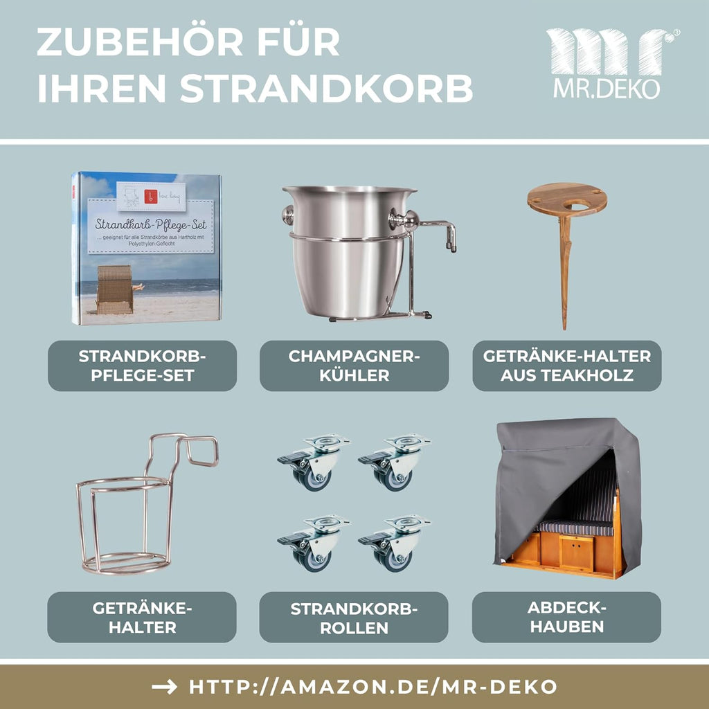Strandkorb Ostsee Volllieger 2-Sitzer | PE Geflecht Schwarz Bezug Uni grau | inkl. 4 Kissen & Klapptisch | Strandstuhl verstellbar | Strandkörbe aus Hartholz mit Fußablage (Dessin Uni Grau)