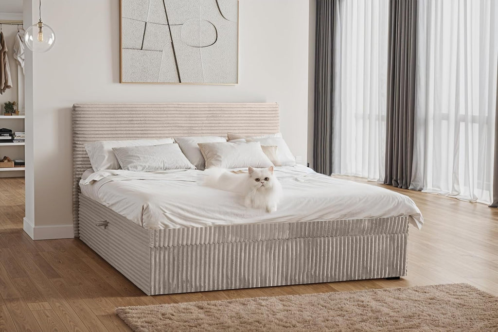 Kaiser Möbel - Bett 120x200 cm, Boxspringbett mit Bettkasten und Topper, Cord Schlafzimmerbett, Doppelbett mit Stauraum und Gepolstertes Kopfteil, Toppermatratze aus Viscoschaum - Trento - Beige