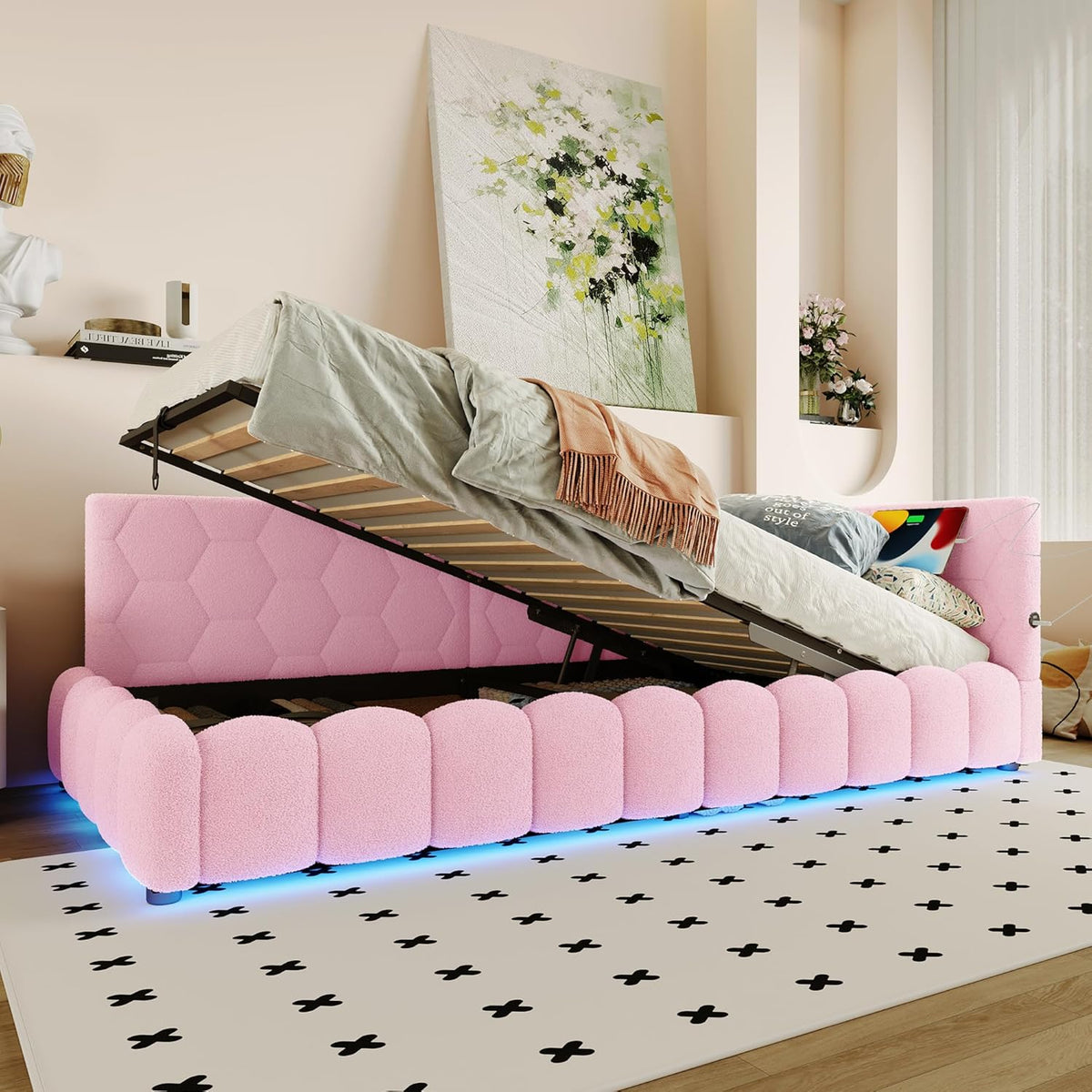 Schlafsofa Polsterbett 90x200 cm, Tagesbett mit USB-Anschluss und -Typ-C, Daybett mit 16 Farben Umgebungslicht, Sofabett mit Hydraulischer Stauraum, Lattenrost, Vliesimitat, Ohne Matratze, Rosa
