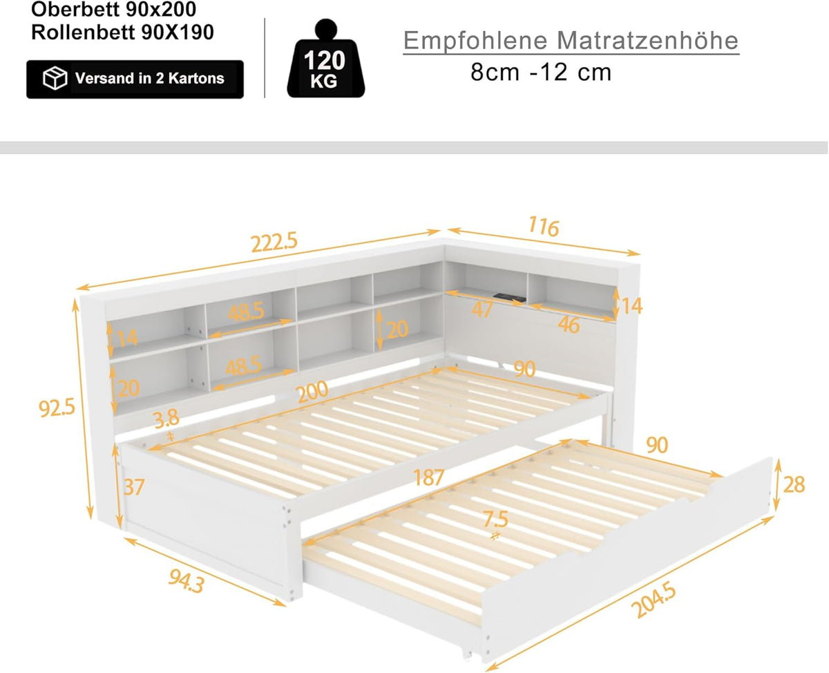 Plattformbett mit Ausziehbett 90x200cm(90x190cm), Ausziehbares Schlafsofa Tagesbett mit Bücherregal & USB Ladefunktion, Multifunktionsbett Gästebett Daybett Kinderbett Jugendbett, Ohne Matratze, Weiß