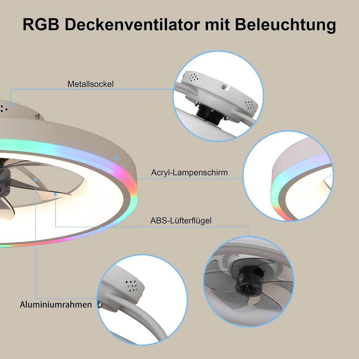 60CM Deckenventilator mit Beleuchtung, RGB Deckenventilator mit Licht und Fernbedienung, Leise Deckenlampe mit Ventilator, 6 Geschwindigkeiten, Dimmbare, Timer, für Schlafzimmer, Weiß