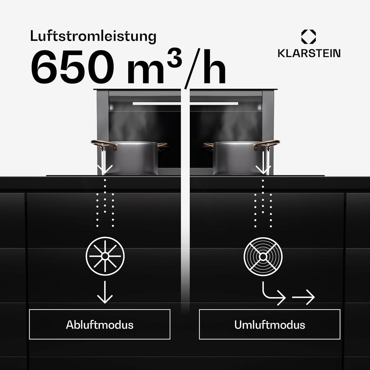 Klarstein Downdraft-Dunstabzugshaube, Versenkbare Abzugshaube, Leise Dunstabzugshauben mit Filter, Dunstabzugshaube 60cm, Umluft/Abluft Dunsthaube mit 10 Stufen, Dunstabzug 576 m³/h Luftstrom