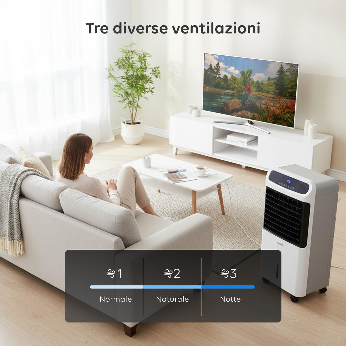 Avilia - Verdunstungskühler Trio Clima 4-in-1 Kalt/Warm 80-2000W mit Befeuchtung, Luftreinigung, Tank 10L, Timer 12H, Fernbedienung und Rollen für Haus und Büro