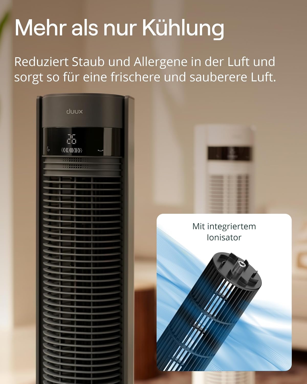 Duux Elevate Turmventilator – 12 Geschwindigkeitsstufen, 80° Oszillation, nur 25 dB, Ionisator, Timer (1–12 Stunden), Schlafmodus, Touchscreen & Fernbedienung – leise & intelligenter Ventilator für