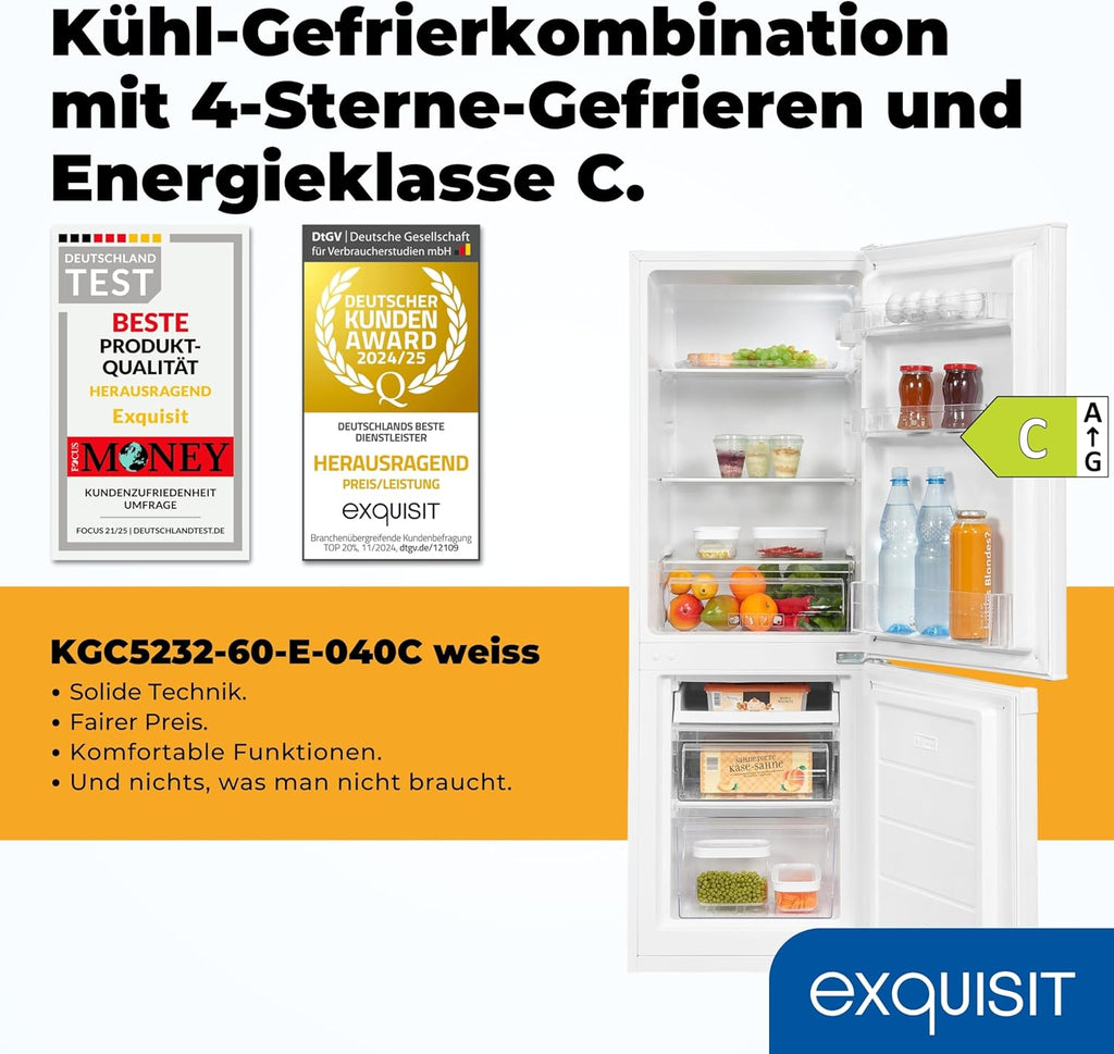 Exquisit Kühl-Gefrierkombination KGC5232-60-E-040C | 173 l Nutzinhalt, Energieklasse C, 40 dB, Wechselbarer Türanschlag, Automatische Abtauung, 142,5 cm, Weiß