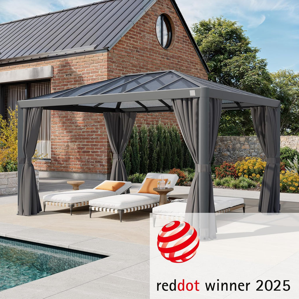 PRIMEYARD Gartenpavillon 3x4 m mit Polycarbonatdach - Hardtop Pavillon mit 4 Seitenteilen in Grau