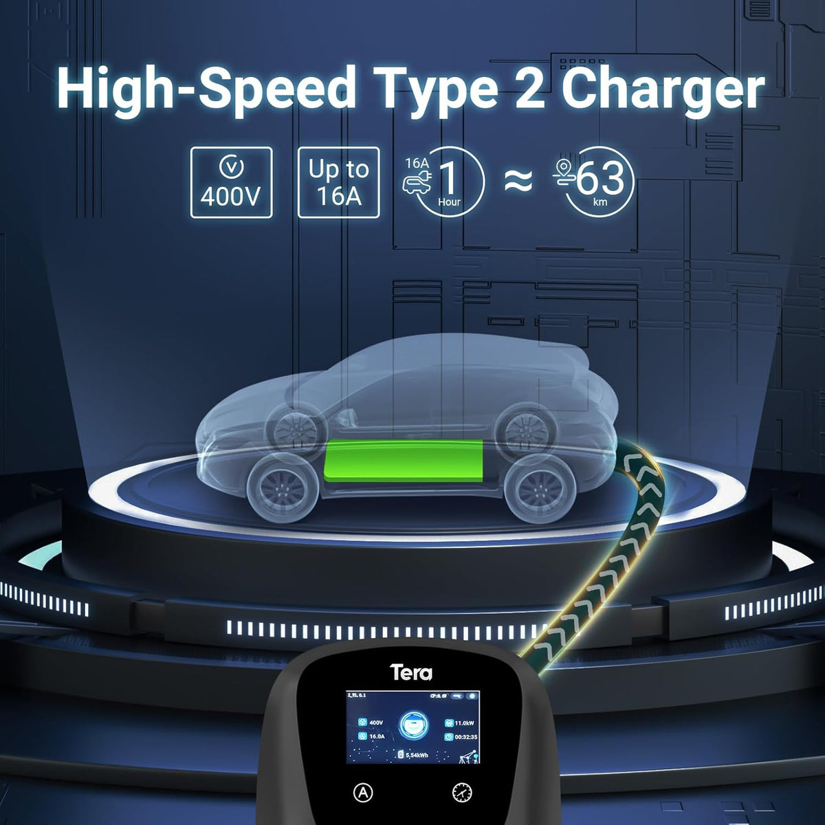 Tera Smart EV Ladegerät Typ 2 Wallbox mit APP 11kW 16A 400V CE&TÜV mit Wlan & Bluetooth 7m Ladekabel mit Ladegerätehalter Heim Wallbox CEE 3-Phasen Stecker für EVs & PHEV W01 Schwarz