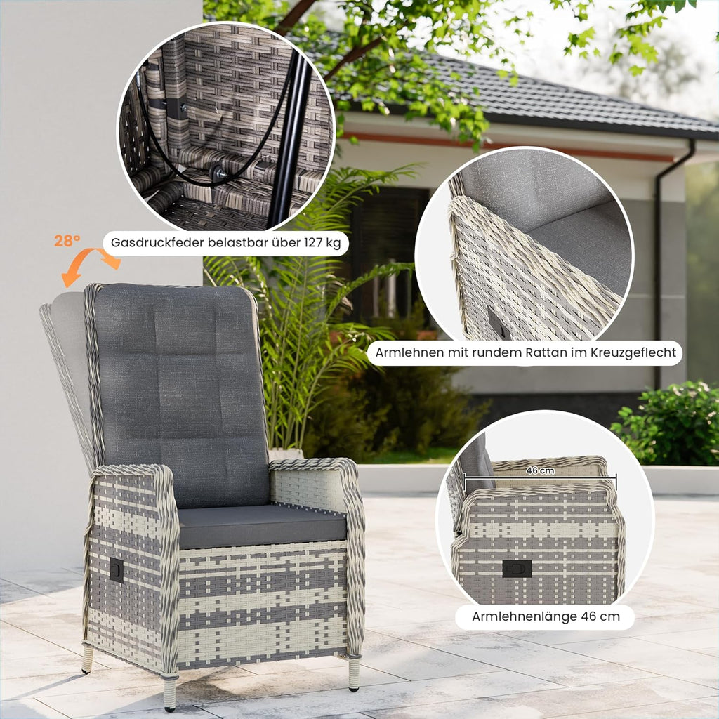 Gotland Rattan Gartenmöbel Set Lounge Möbel Outdoor, Verstellbares 2-Sitzer Terrassenmöbel Außen mit 118° Rückenlehne & Fußhocker, Hochwertige Polster & Glastisch, Wetterfest (Grau)