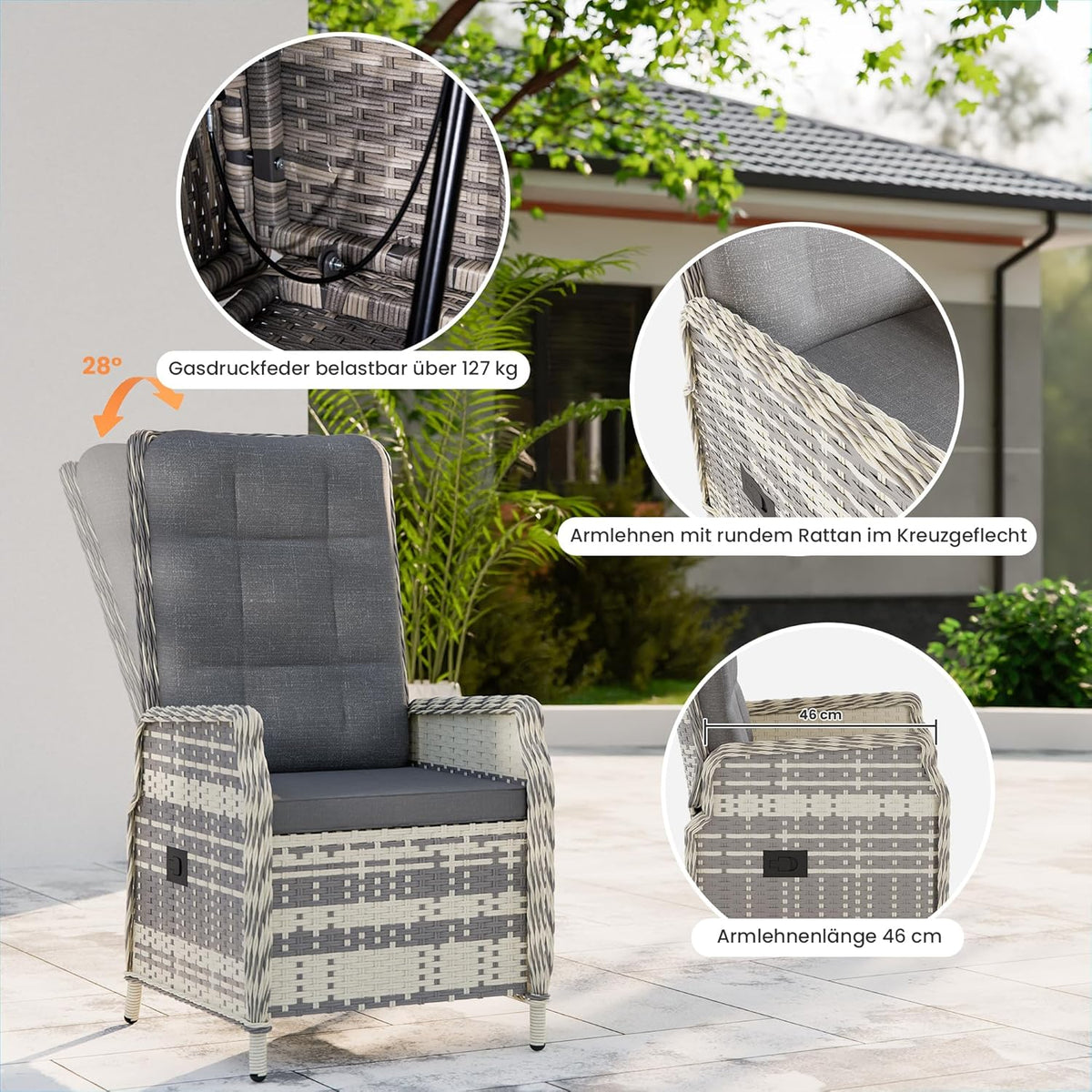 Gotland Rattan Gartenmöbel Set Lounge Möbel Outdoor, Verstellbares 2-Sitzer Terrassenmöbel Außen mit 118° Rückenlehne & Fußhocker, Hochwertige Polster & Glastisch, Wetterfest (Grau)