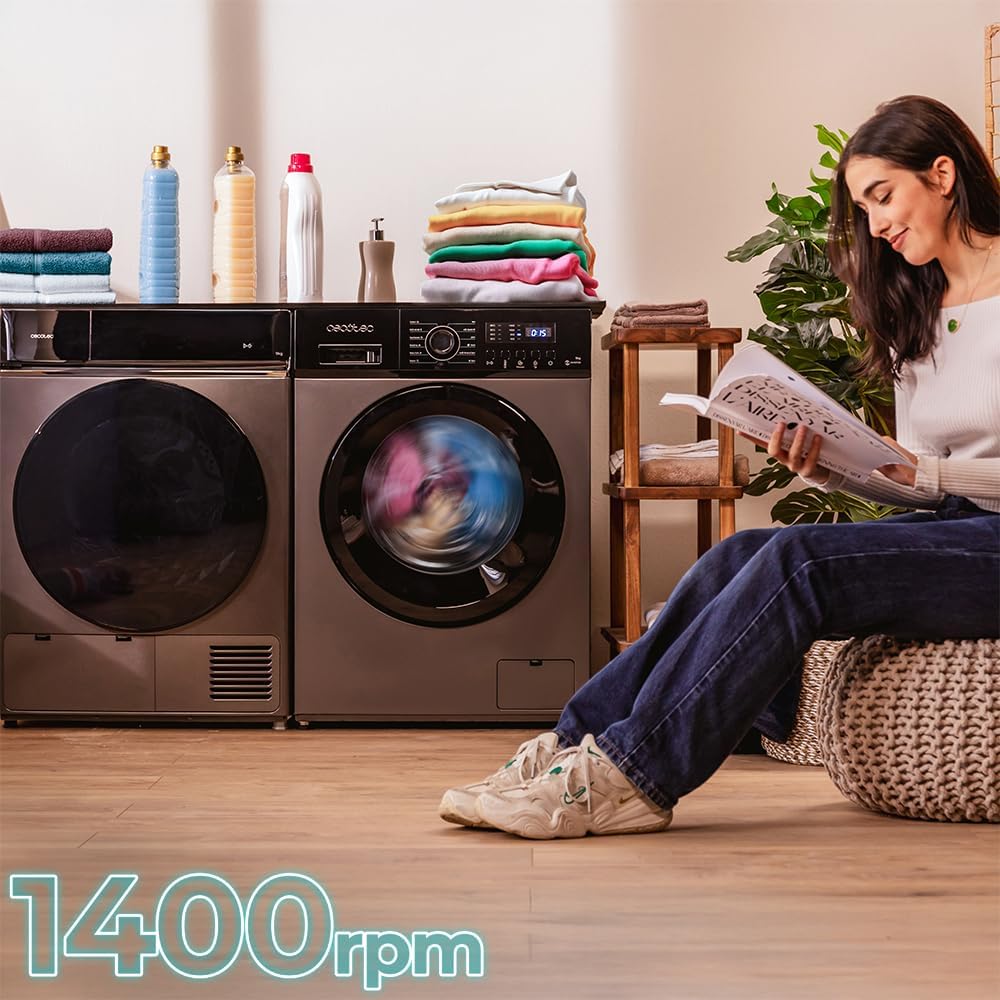 Cecotec Frontlader Waschmaschine 9Kg Bolero DressCode 9155 Inverter Steel. Klasse A-30%, 1400 U/MIN, 12 Programme, Inverter Plus Motor, Energiesparend, Steam Max, Delay Start, LED-Bedienfeld