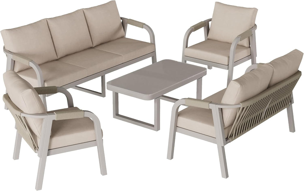Gartenmöbel Set Lounge Möbel Outdoor für 7 Personen, Terrassenmöbel Balkon Möbel Set mit Gartensofa und Couchtisch, Sitzgruppe Outdoor Gartenlounge Set mit Sitzkissen, Verzinktem Eisen, Beige