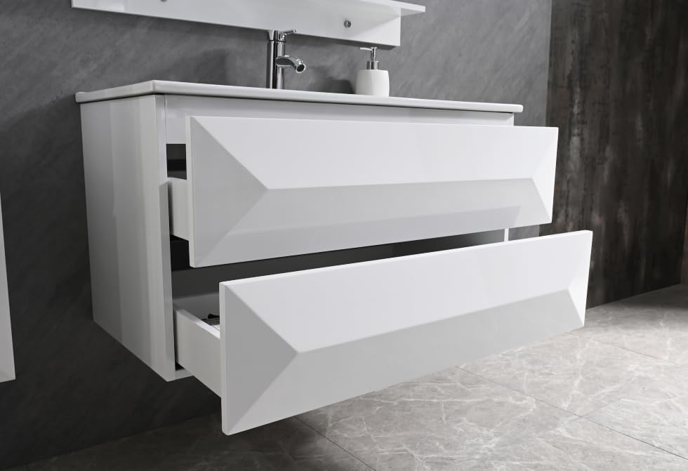 Faizee Möbel Miran Hochglanz Badmöbel Set mit Spiegel & Keramik-Waschbecken – Modernes 6-teiliges Badezimmer Set mit Soft-Close Unterschrank & 2 Seitenschränken (Miran Weiß, 60 cm (Unterschrank))