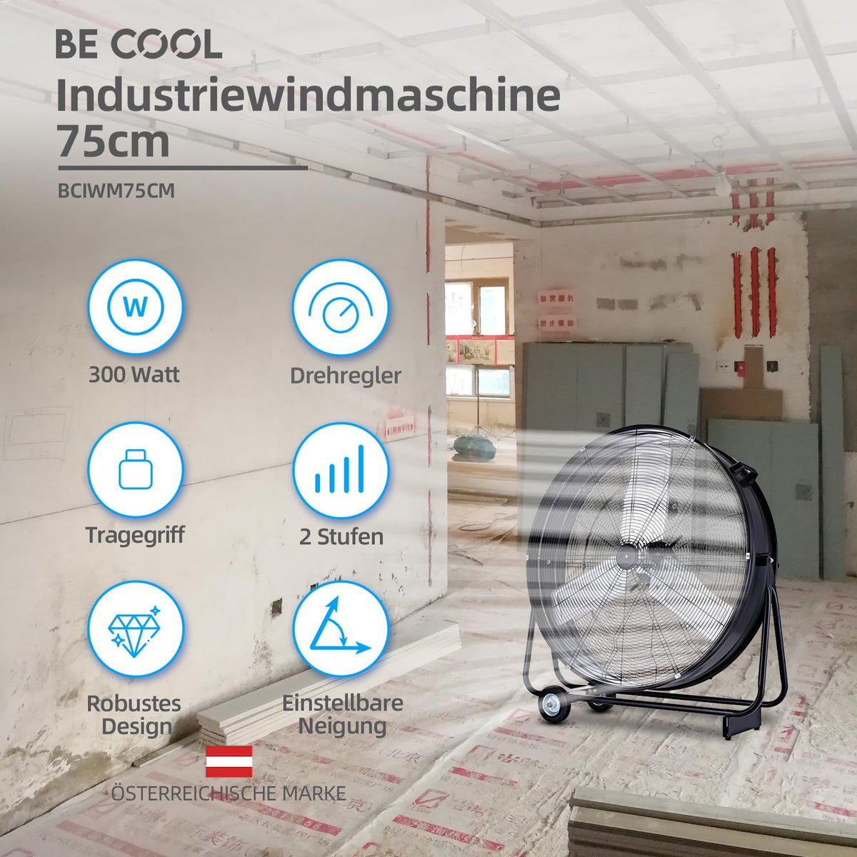 Be Cool Industrie-Windmaschine 75cm BCIWM75CM – Fahrbarer Trommelventilator, Ø 75 cm (30"), 300 Watt, Vollkupfermotor, 2 Geschwindigkeiten, Aluminium-Rotorblätter, Spinnennetz-Schutzgitter, schwarz