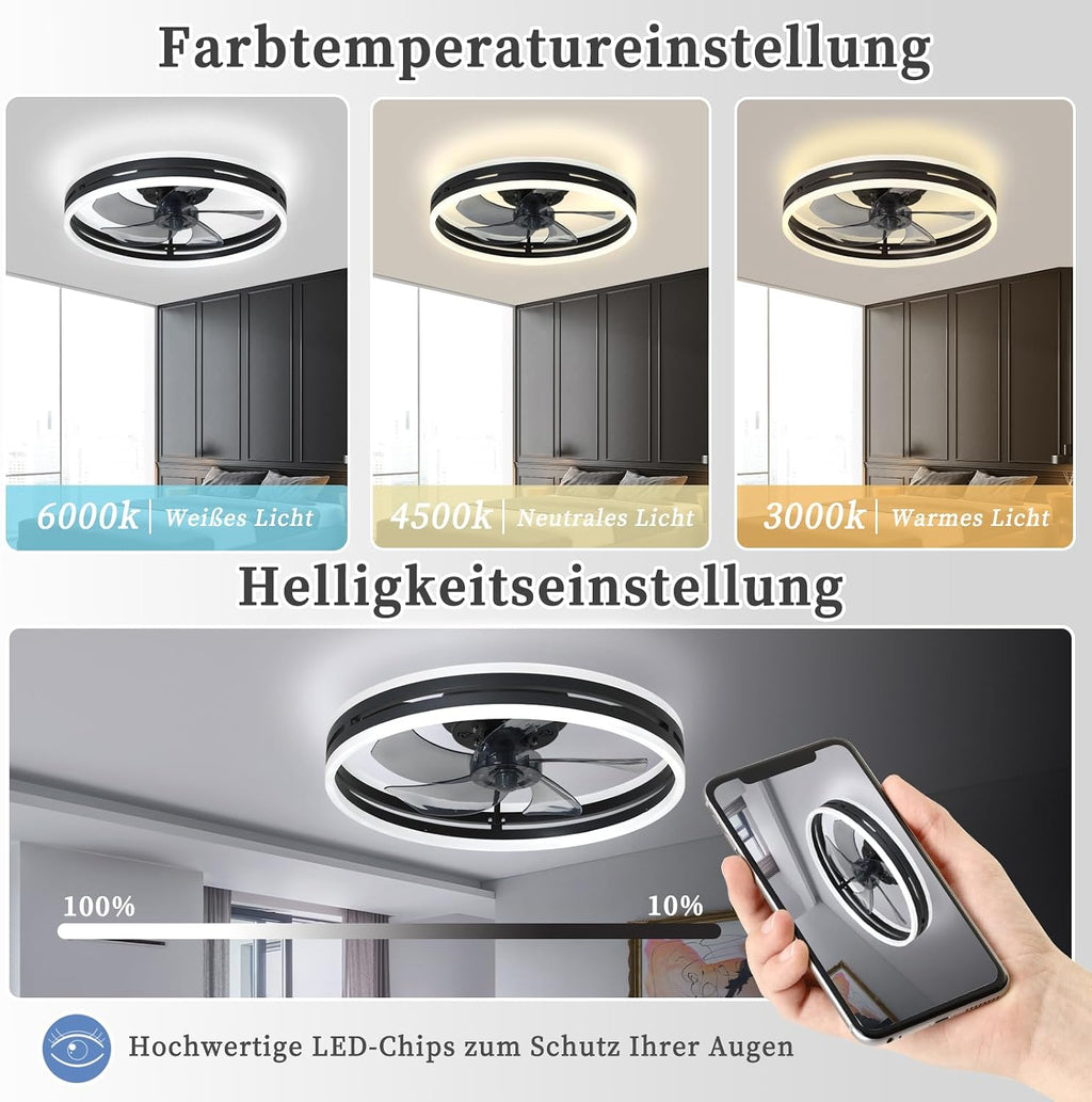 Leise Deckenventilator Mit Beleuchtung 50W Dimmbare Deckenleuchte Mit Fernbedienung Und APP 6 Geschwindigkeiten Lampe Mit Ventilator Timer Schlafzimmer Wohnzimmer Licht Schwarz,40cm
