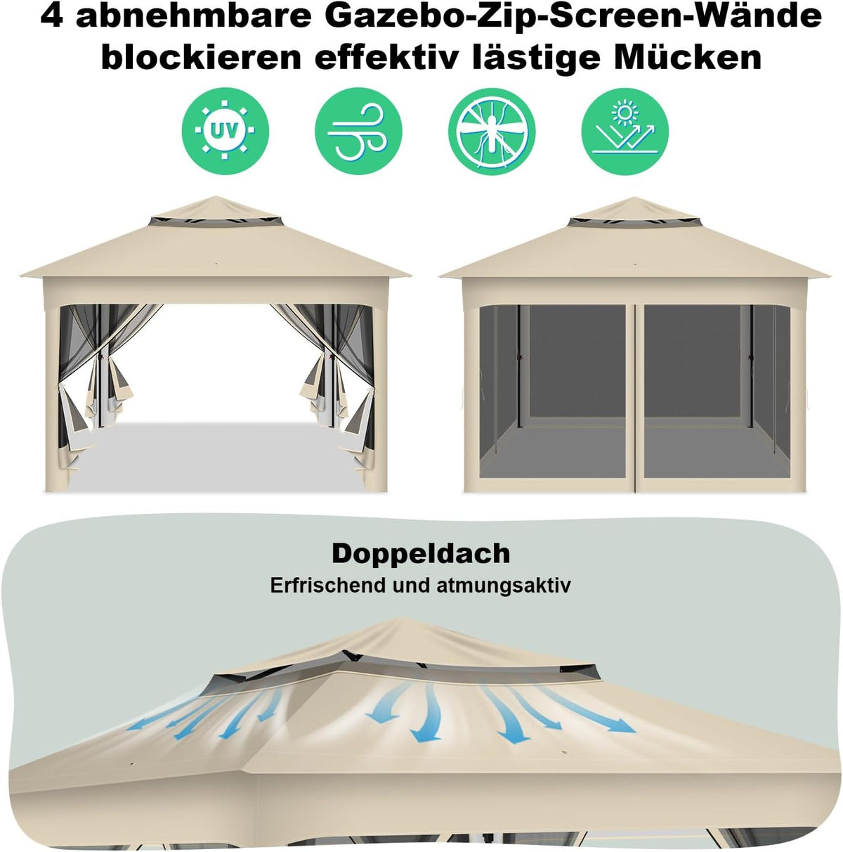 Gartenpavillon 3x3m Wasserdicht UV-beständig, Pavillon mit 4 Seitenteilen, Höhenverstellbar, Stabil Partyzelt mit Sandsäcken & Tragetasche mit Rädern für Garten Party Camping, Beige