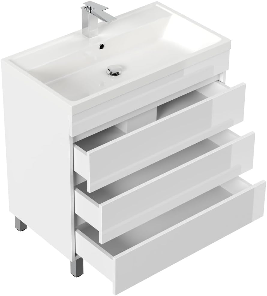 Magnolia Home Stand Badmöbel Via 80 SoftClose mit DREI grifflosen Schubladen Farbe Weiss Hochglanz