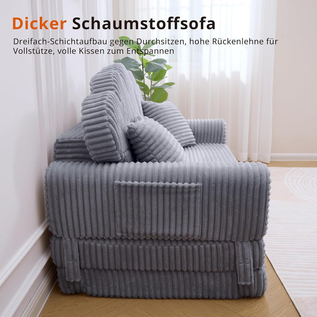 IRONCK Schlafsofa 2-Sitzer Sofa mit Schlaffunktion Boneless Sofa Bed aus Cord & Schaum, Sofabett 153x267cm, Klappbar Schlafcouch, 2 Kissen & Seitentaschen, Bettsofa für Wohnzimmer Schlafzimmer, Grau
