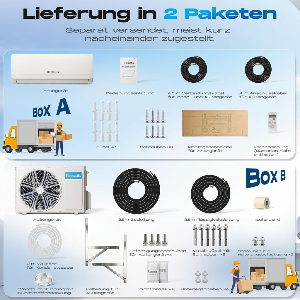 Split Klimaanlage 12000 BTU，4-in-1-Kältegerät mit Heizen, Kühlen, Entfeuchten und Lüften, bis75 m², ultraleise, Fernbedienung & APP, 24h-Timer/Schlaf/ECO-Energiesparmodus, inkl. Montagematerial