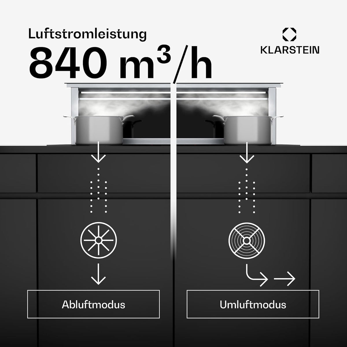 Klarstein Downdraft-Dunstabzugshaube, Versenkbare Abzugshaube, Leise Dunstabzugshauben mit Filter, Dunstabzugshaube 60cm, Umluft/Abluft Dunsthaube mit 10 Stufen, Dunstabzug 576 m³/h Luftstrom