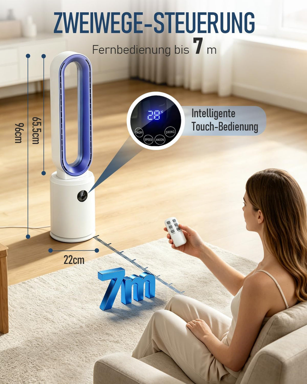 Rotorloser Ventilator, 24 Stufen Leiser Turmventilator Mit Fernbedienung & 12h Timer, Energiesparender DC-Motor, LED Display 60° Oszillierend Luftreinigung Für Schlafzimmer, Büro (Blau)