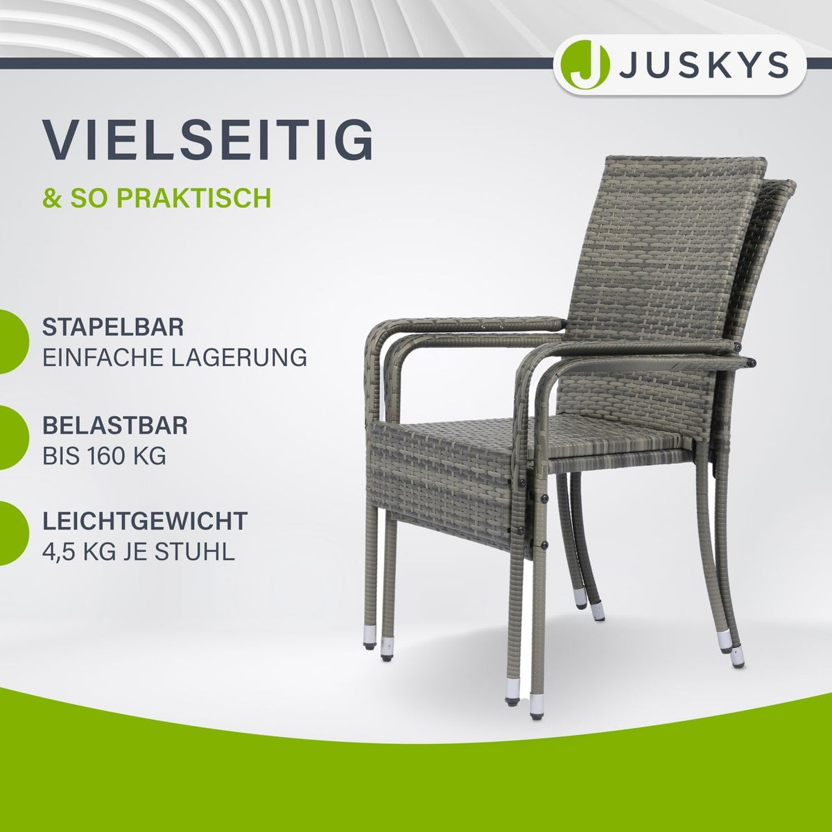 Juskys Polyrattan Gartenstühle Yoro 6er Set - mit Armlehnen & Rückenlehne 6 Stühle stapelbar - Rattan Stuhl Garten - Stapelstuhl Grau-meliert