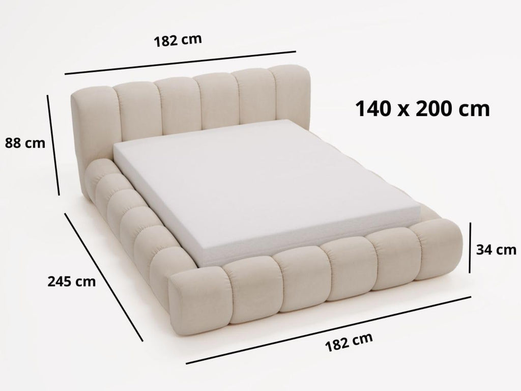 GRAINGOLD Doria Bett 140x200, Polsterbett mit Bettkasten, Polsterbett mit Stauraum, Velour, mit Lattenrost, mit Kopfteil, ohne Matratze (Creme, 140x200)