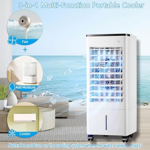 Tragbare Klimaanlage 3 in 1 Verdunstungskühler, Innenkühler Ventilator mit 9L Wassertank, Geschwindigkeitsfernbedienung, 90° Oszillation,