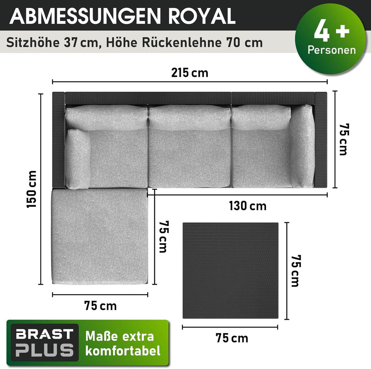 BRAST® Gartenmöbel Lounge Set | 4-5 Personen viele Modelle & Farben | inkl. extra Dicke Kissen | TÜV geprüft | Outdoor Loungemöbel Sitzgruppe Essgruppe Garnitur | Royal Schwarz