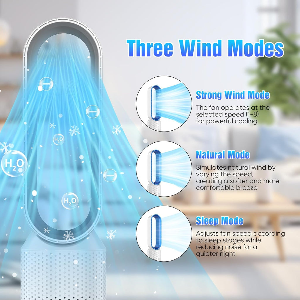 Rotorloser Ventilator mit Fernbedienung,2in1 Turmventilator sehr Leise & Luftreiniger mit HEPA, 8 Geschwindigkeiten,90° Oszillation,Timer,Luftkühler, mobiles Klimagerät,für Schlafzimmer Büro (Weiß)