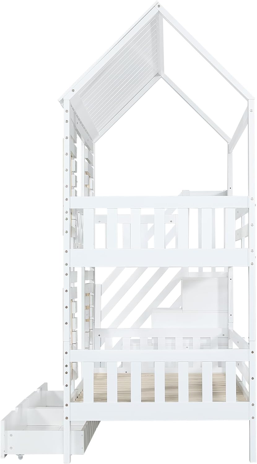 Kinderbett Etagenbett 90 x 200, Hausbett für 2 Kinder, Hochbett mit Lattenrost, Treppe mit 4 Ablagefächern, Rausfallschutz, Zwei Schubladen mit Rollen, Baumhaus Bett mit Fenster und Dach