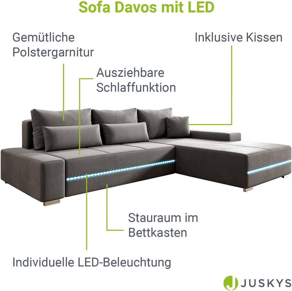 Juskys Sofa Davos Rechts mit Schlaffunktion - Ecksofa für Wohnzimmer mit Bettkasten & LED - Stoff Schlafsofa L Form Couch Beleuchtung - Hellgrau
