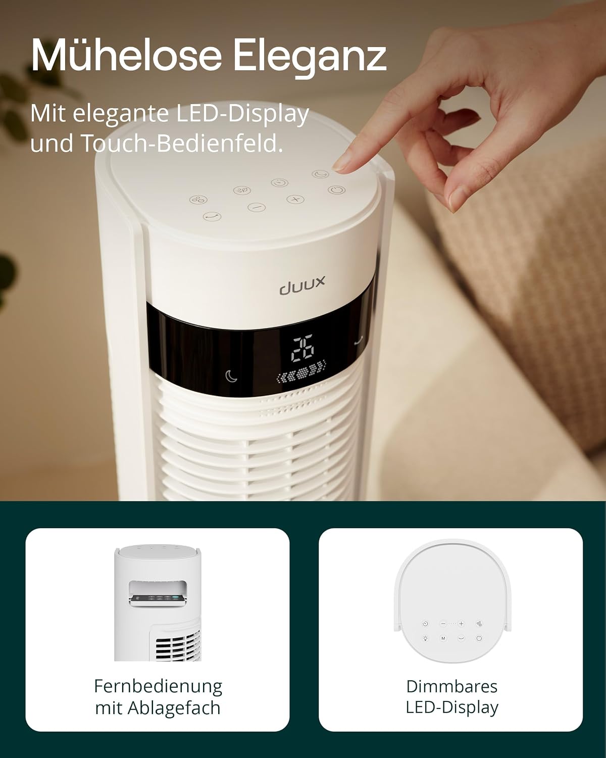 Duux Elevate Turmventilator – 12 Geschwindigkeitsstufen, 80° Oszillation, nur 25 dB, Ionisator, Timer (1–12 Stunden), Schlafmodus, Touchscreen & Fernbedienung – leise & intelligenter Ventilator für