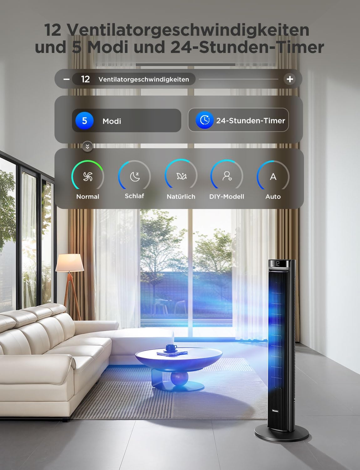 GoveeLife leiser Ventilator, 12 Geschwindigkeiten bis zu 8 m/s, 5 Modi, 24-Stunden-Timer, intelligenter Turmventilator mit 150°-Oszillation, APP- und Sprachsteuerung für Zuhause, schwarz