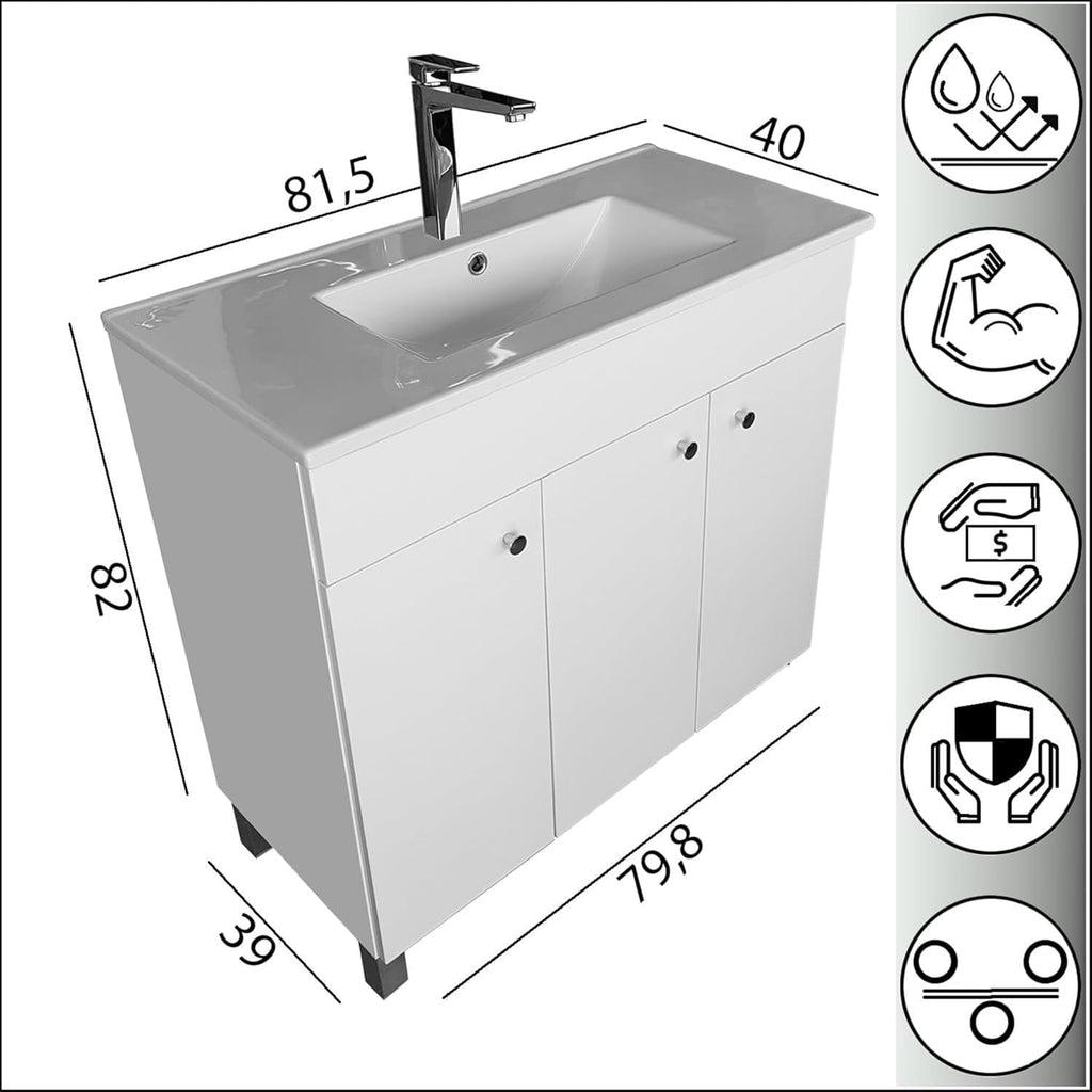 Waschbecken mit Unterschrank 80 cm Breit | Badezimmerschrank IGA Sink | Badmöbel Set für Badezimmer & Gäste-WC | Waschtisch mit Unterschrank Stehend | Waschbeckenunterschrank Weiß