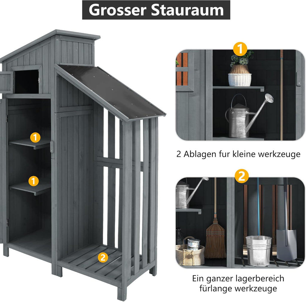 Su & Chan Legence Holzgerätehaus mit großem Stauraum, wetterfester Geräteschuppen mit Zwei Ablagen, vielseitiger Gartenschrank für Werkzeuge und mehr, 124 x 46 x 174 cm, Grau