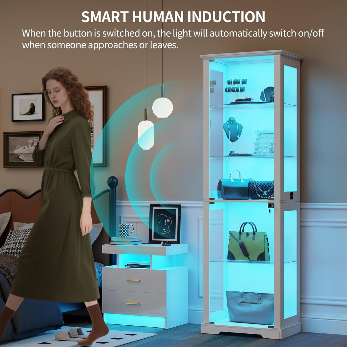 Lvifur Glasvitrine mit LED Beleuchtung und Glastüren für Wohnzimmer Schlafzimmer,40×50×180cm 5-Lagen Vitrinenschrank Vitrine mit Intelligente Sensorik für Sammlerstücke,Wein,Weiß