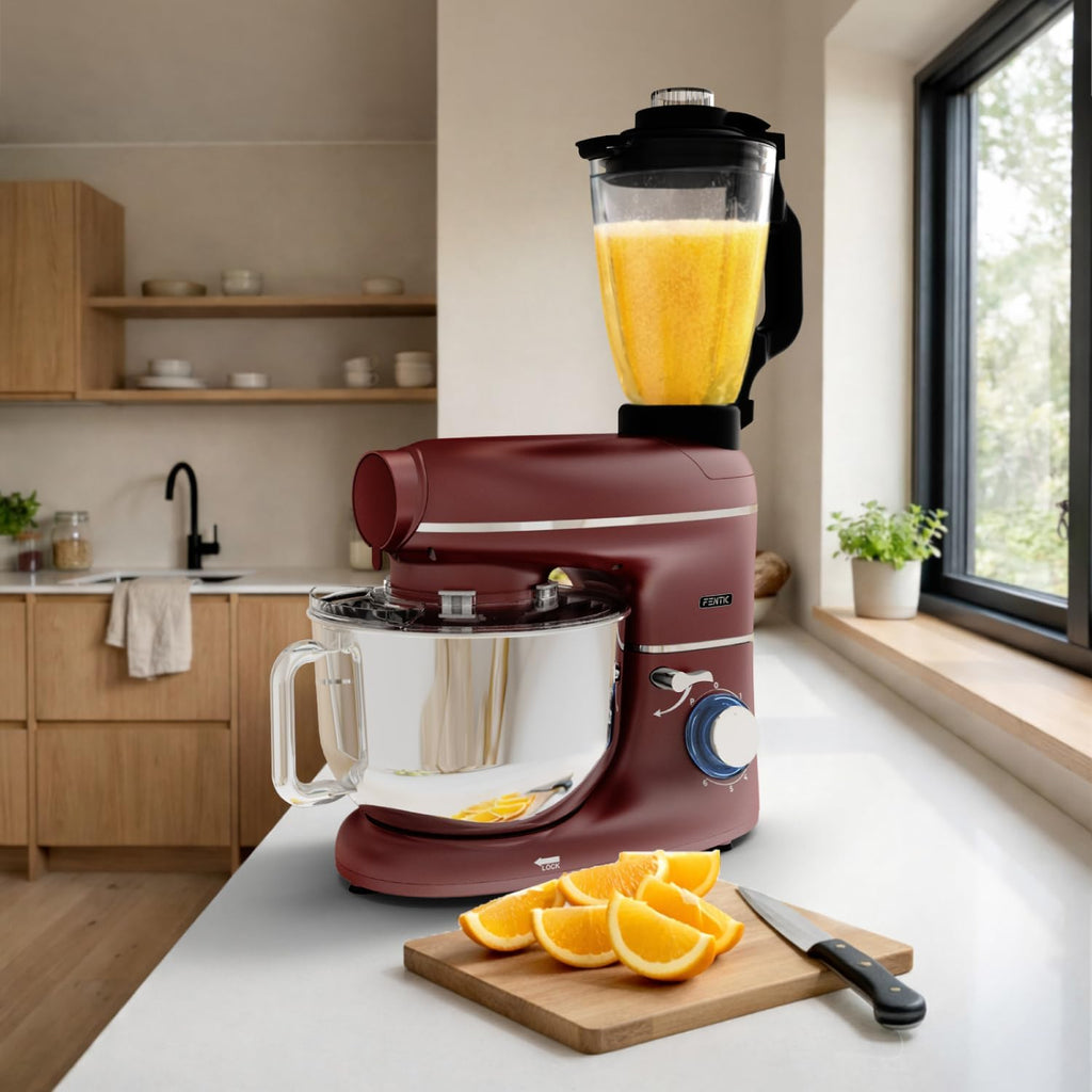 6-in-1 Küchenmaschine – 2000W – Mit Fleischwolf, 1,5L Entsafter, Gemüseschneider und Mehr – Knetmaschine mit 6,2L Rührschüssel, Rührhaken, Knethaken, Schlagbesen und Spritzschutz (Rot)