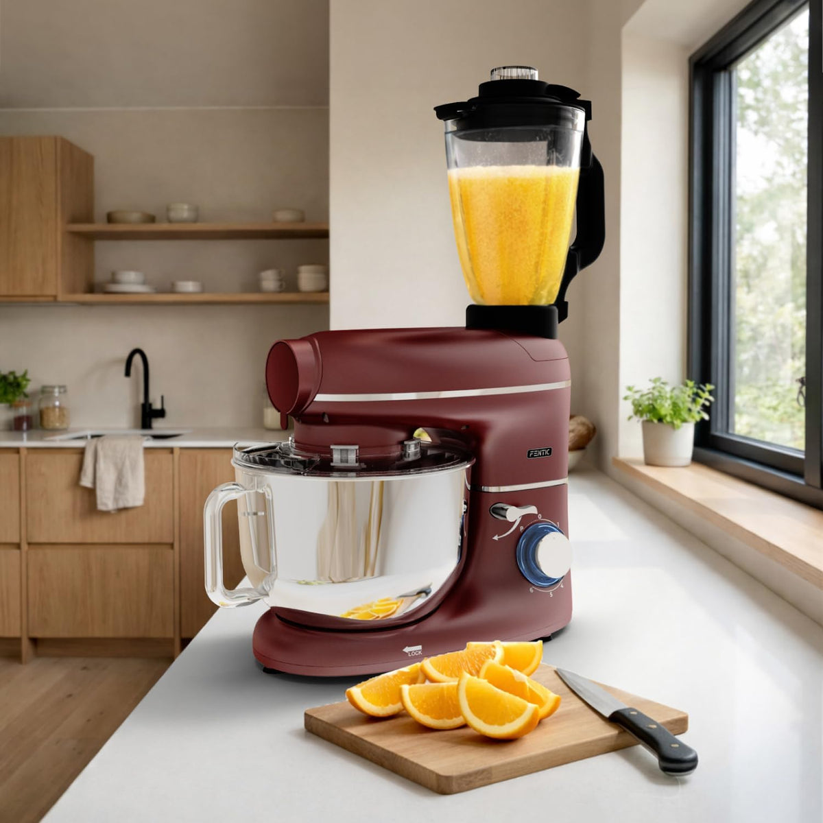 6-in-1 Küchenmaschine – 2000W – Mit Fleischwolf, 1,5L Entsafter, Gemüseschneider und Mehr – Knetmaschine mit 6,2L Rührschüssel, Rührhaken, Knethaken, Schlagbesen und Spritzschutz (Rot)