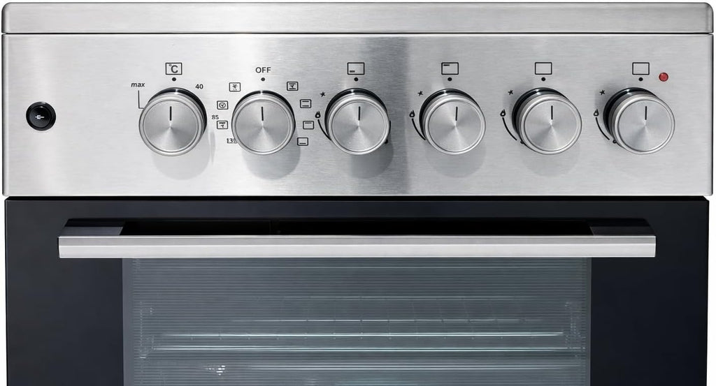 Gasline SHGE6060INX Standherd 60 cm Edelstahl mit Elektrobackofen, 4-flammigem Gaskochfeld, Grill und Drehspieß, elektrischer Zündung, Thermosicherung, für Erdgas und Flüssiggas geeignet