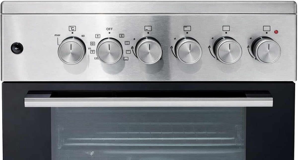 Gasline SHGE6060INX Standherd 60 cm Edelstahl mit Elektrobackofen, 4-flammigem Gaskochfeld, Grill und Drehspieß, elektrischer Zündung, Thermosicherung, für Erdgas und Flüssiggas geeignet