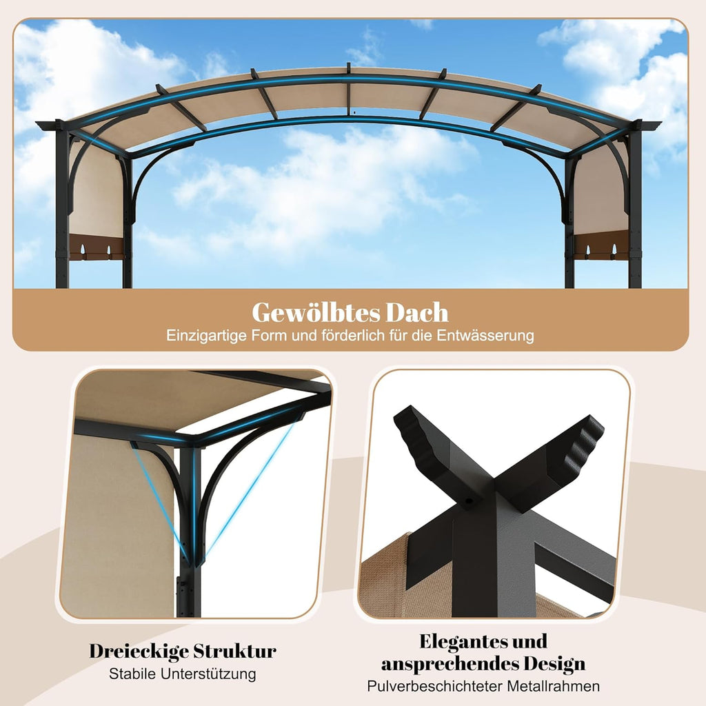 Pergola mit Schiebedach, 3,3 × 2,7 m Wasserdichtes Gartenpavillon mit Metallpfosten, Gebogenem Dach für Terrasse, Garten oder Deck, UV-Schutz, Beige