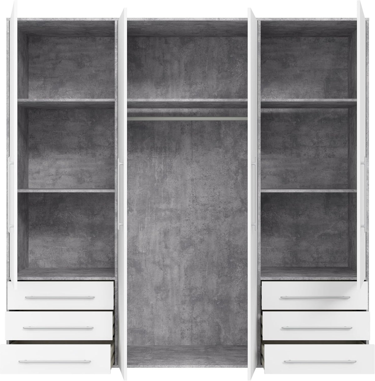 Forte Jupiter Kleiderschrank 205, Großer Schrank mit 4 Türen und 6 Schubladen, Holzwerkstoff, Weiß/Betonoptik Lichtgrau, 205,9 cm breit, 200 cm hoch, 53 cm tief
