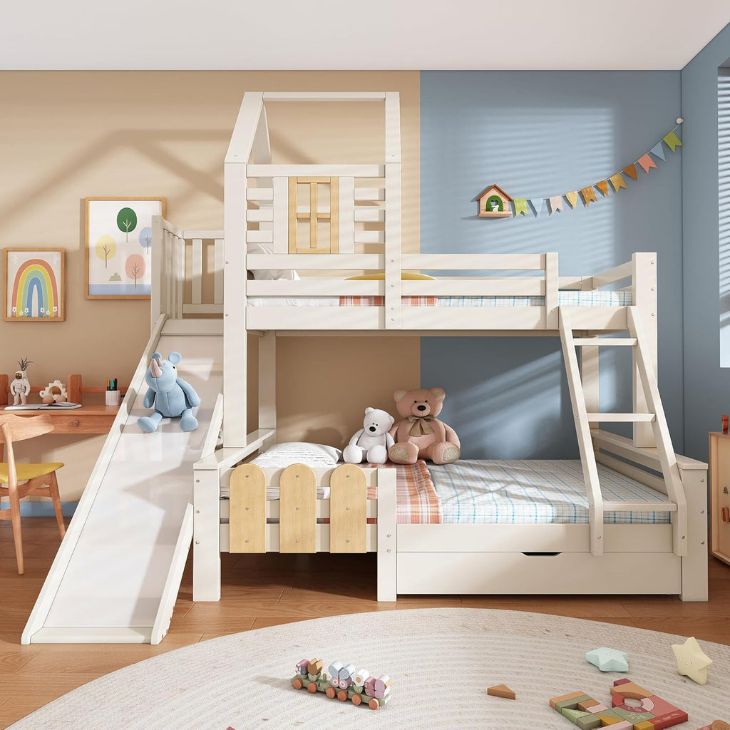 Kinderbett Etagenbett 90x200 & 140x200 cm mit Leiter & Rutsche, Hochbett Hausbett mit Bücherregal & Stauraum Schubladen, Bett Bettgestell mit Lattenrost & Rausfallschutz, Ohne Matratze, Weiß