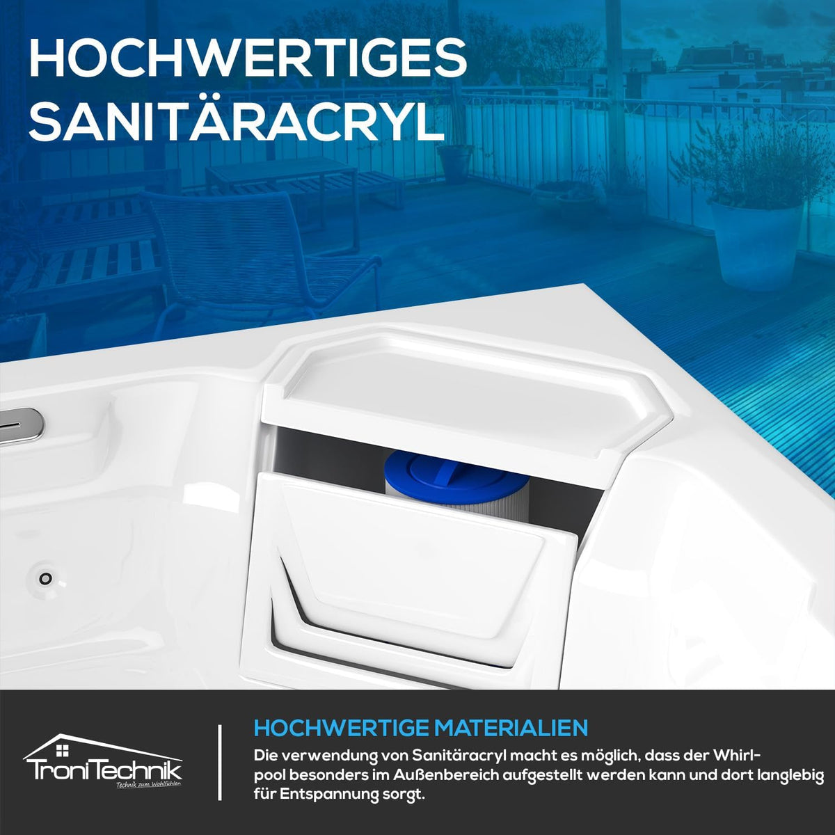 Tronitechnik® Outdoor Whirlpool Spa PANAREA außen Badewanne weiß 210cm x 210cm mit Heizung, Hydromassage und Farblichtherapie
