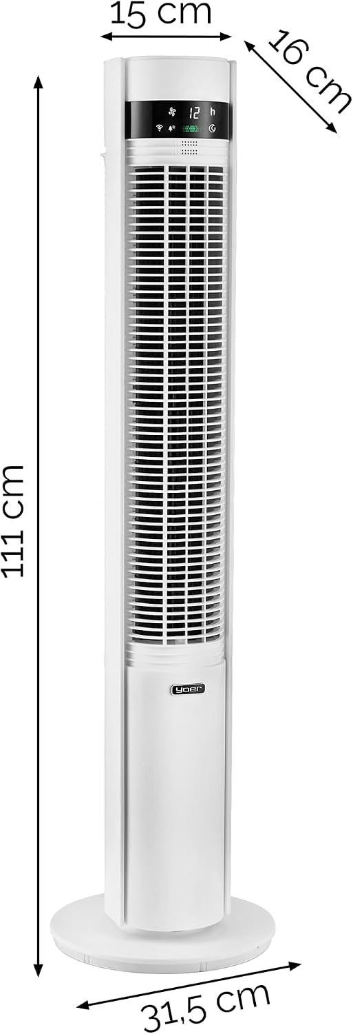YOER 19dB sehr Leiser Turmventilator, 12 m Wurfweite, WLAN & App, 12 Geschwindigstufen 3 Modi 12h Timer 80° Oszillation, Ventilator mit Plasma-Ionisator für Schlafzimmer, CoolWhisper TF07W, weiß