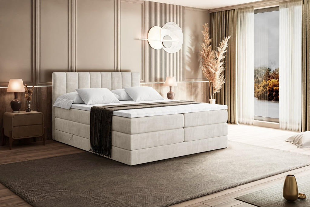 ALTDECOR Boxspringbett mit Matratze und Lattenrost, Topper, Polsterbett mit Bettkasten, Bett mit Stauraum H3- und H4- Matratze, Doppelbett, Springboxbett - OTTA King - 180x200 - Beige Samt