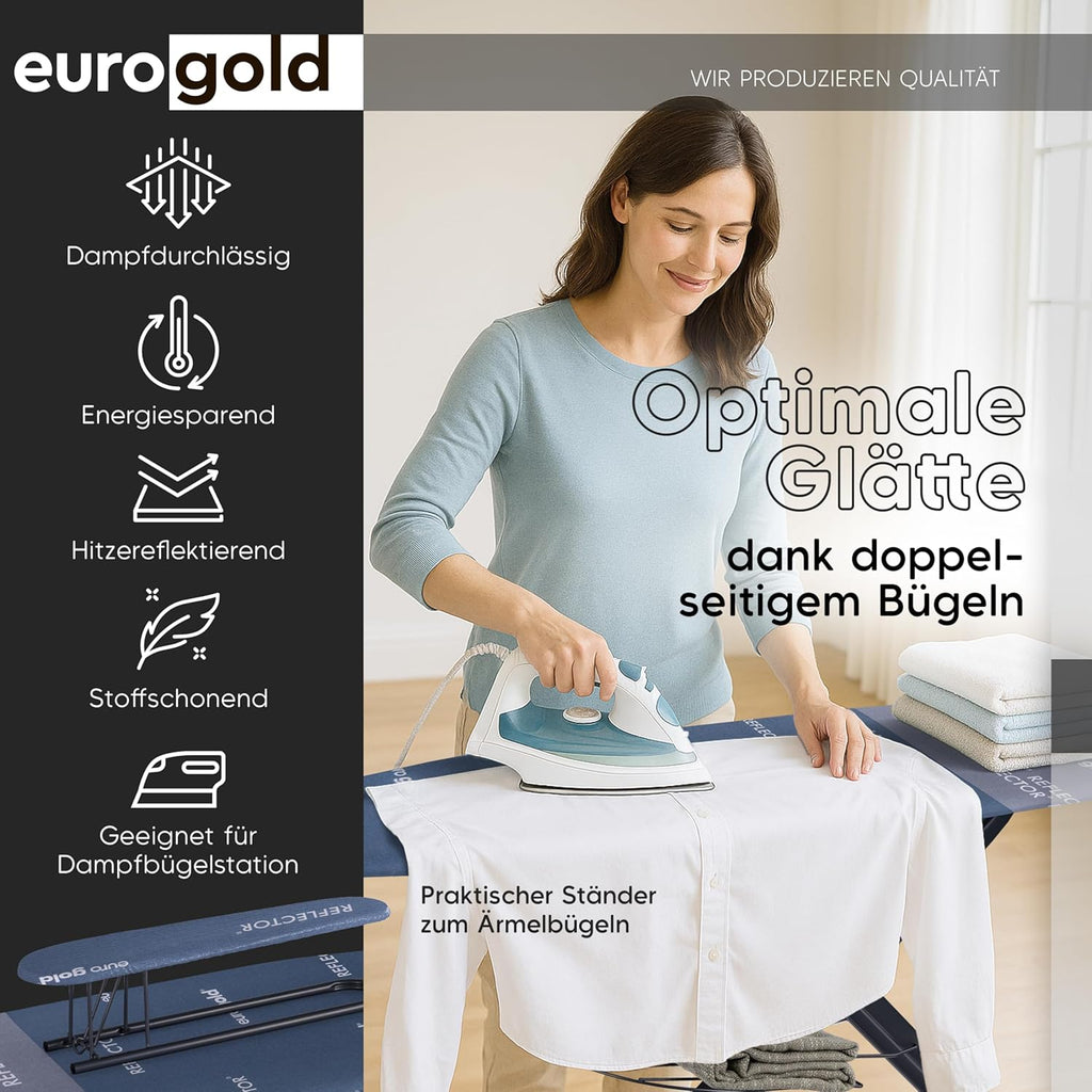 EUROGOLD Bügelbrett für Dampfbügelstation 130x48 cm – Bügelbrett XXL mit Steckdose, höhenverstellbarer Bügeltisch klappbar, mit Ärmelbrett & Bügeleisenablage, Reflektor-Bezug (Sydney Grey)