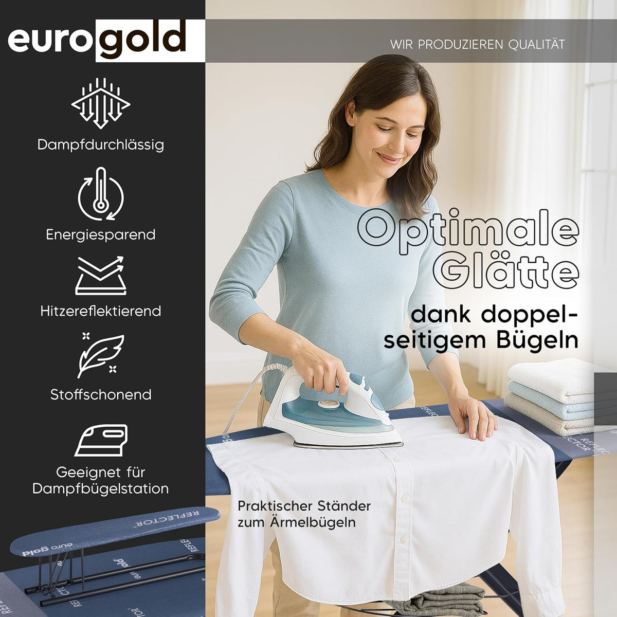 EUROGOLD Bügelbrett für Dampfbügelstation 130x48 cm – Bügelbrett XXL mit Steckdose, höhenverstellbarer Bügeltisch klappbar, mit Ärmelbrett & Bügeleisenablage, Reflektor-Bezug (Sydney Grey)